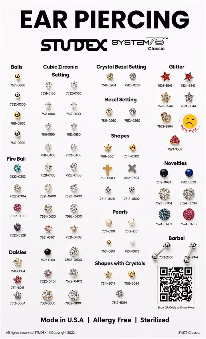 STUDEX System 75 Classic ear piercing stud styles—balls, cubic zirconia, pearls, daisies, and more